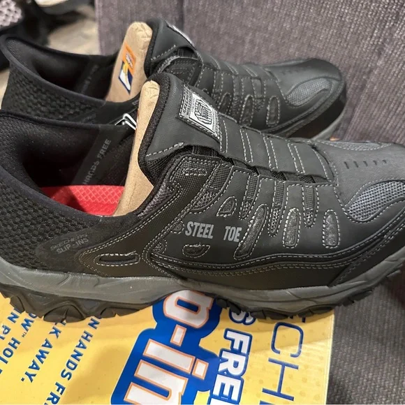 STEEl TOE Skechers Black Slip-On Shoes‎ Mens Sizes 7, 9, 11.5,13 NEW in Box